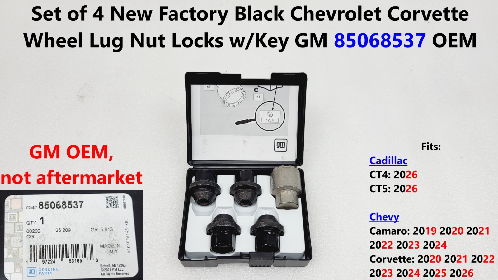 Set 4 NEW Black Factory Chevrolet Corvette Wheel Lug Nut Locks GM w/Key 85068537