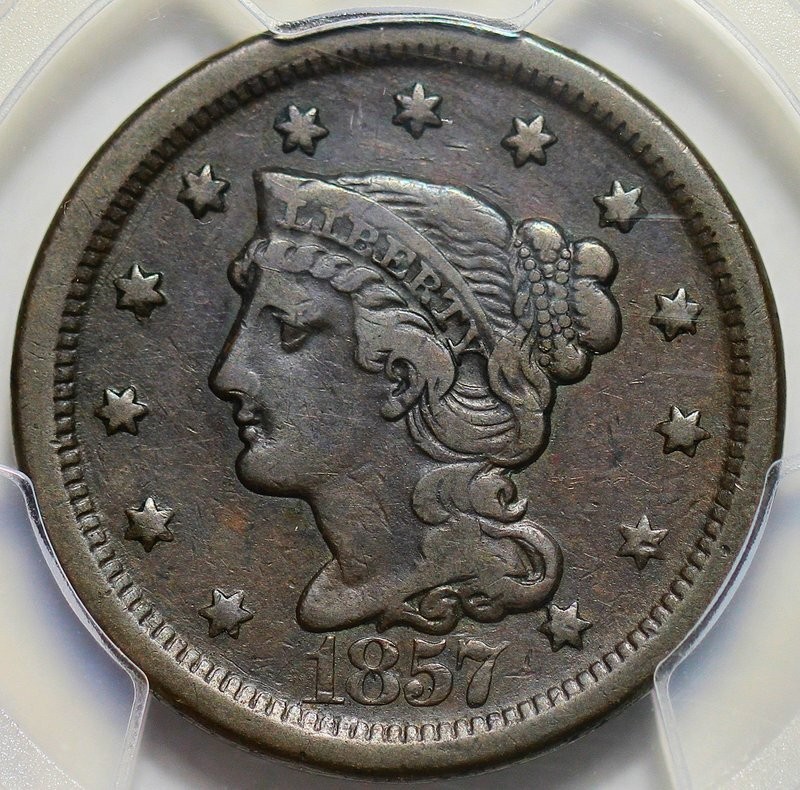 1857 Braided Hair Large Cent, Large Date (N-1), PGCS VF-Detail