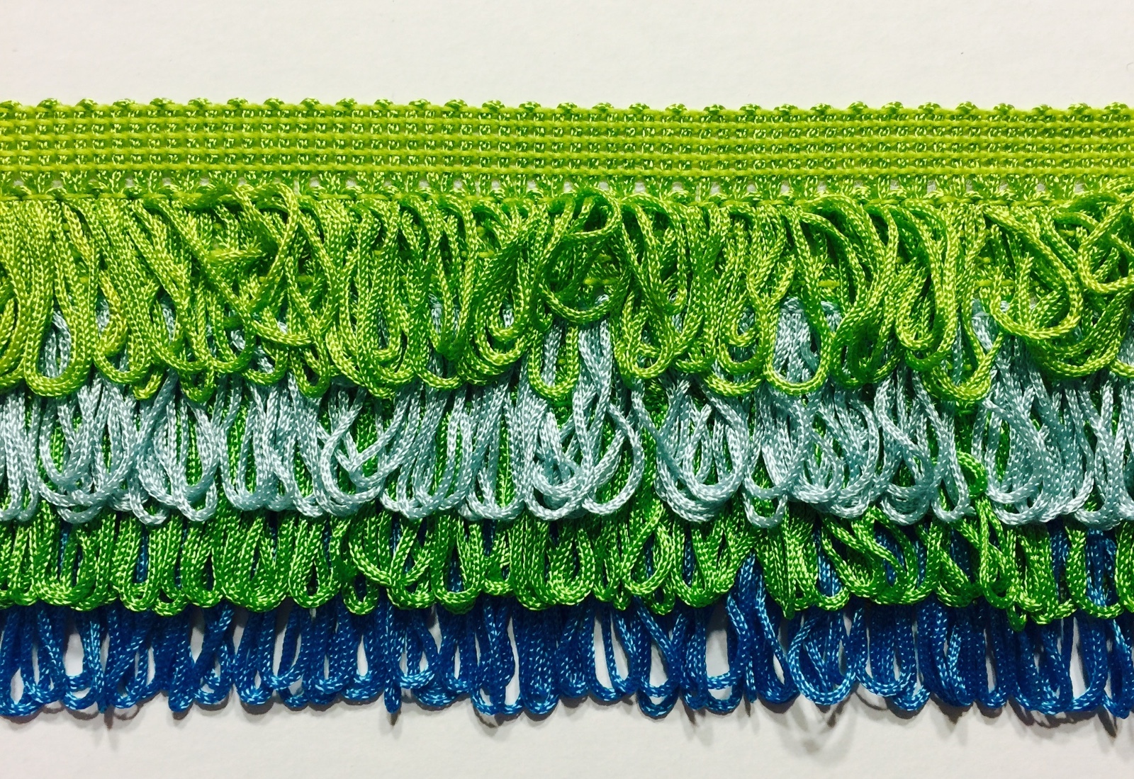 4 Tier looped Chainette Fringe Col. Lime/Aqua/A. Green/Turq - 4 Continuous Yards 4 Tier looped Chainette Fringe Col. Lime/Aqua/A. Green/Turq - 4 Continuous Yards