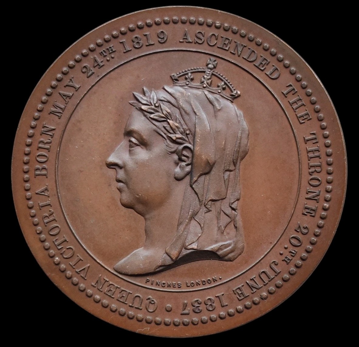 1887 Queen Victoria Jubilee Medallion Coin by Pinches London BHM#3276 36mm