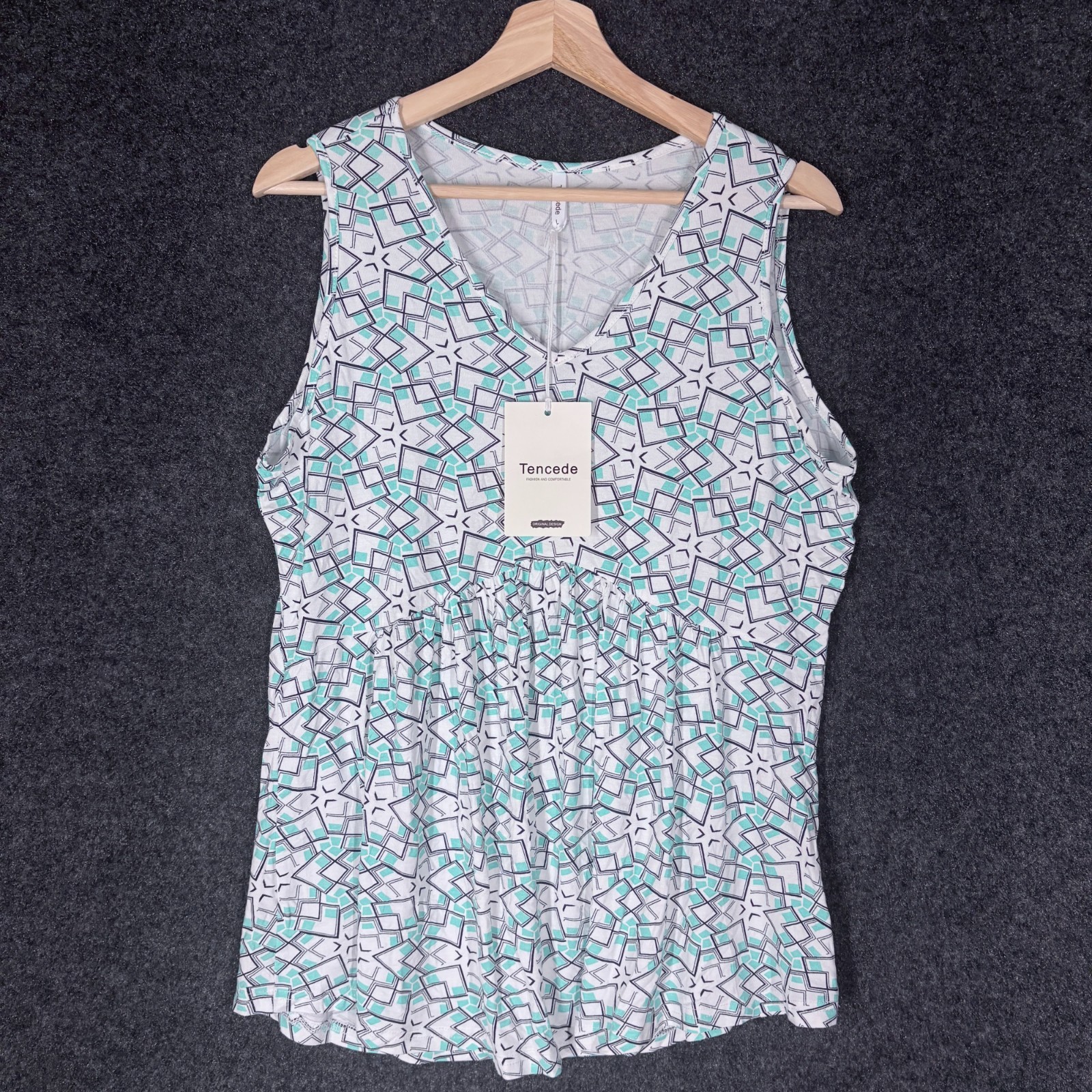 New Tencede Blouse Women L White Geometric V-Neck Sleeveless Wide Strap Top New Tencede Blouse Women L White Geometric V-Neck Sleeveless Wide Strap Top