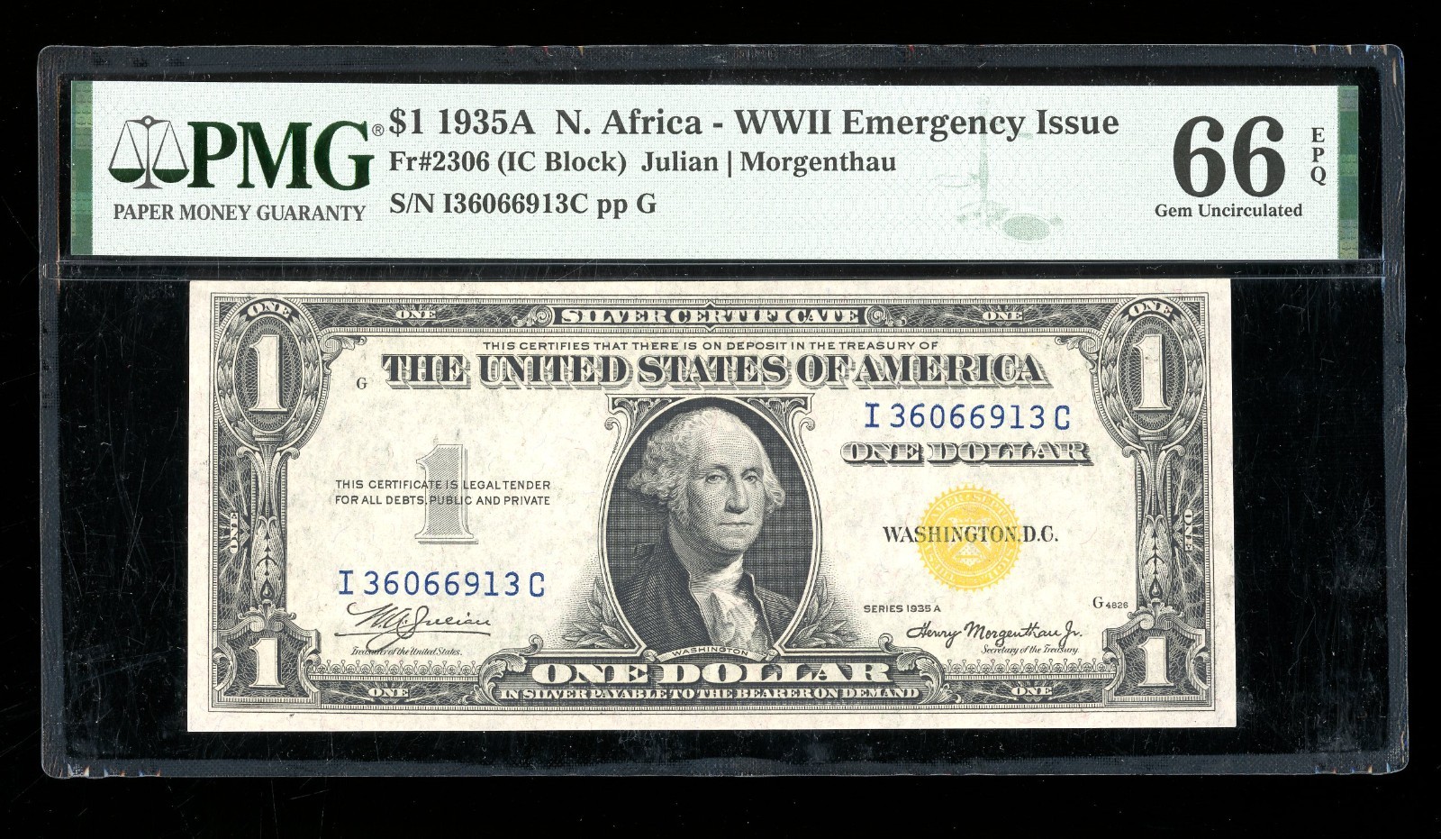 DBR 1935-A $1 North Africa Silver Fr. 2306 IC Block PMG 66 EPQ Serial I36066913C DBR 1935-A $1 North Africa Silver Fr. 2306 IC Block PMG 66 EPQ Serial I36066913C