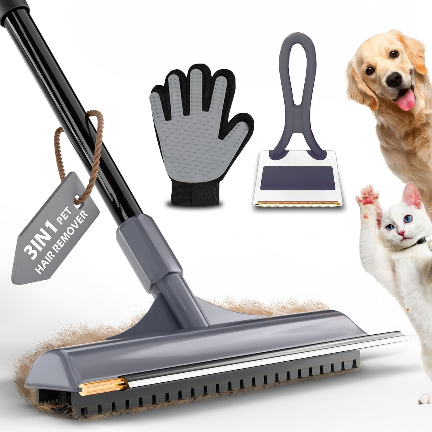 Carpet Rake for Pet Hair Removal - Reusable Dog & Cat Hair Remover with 58\
