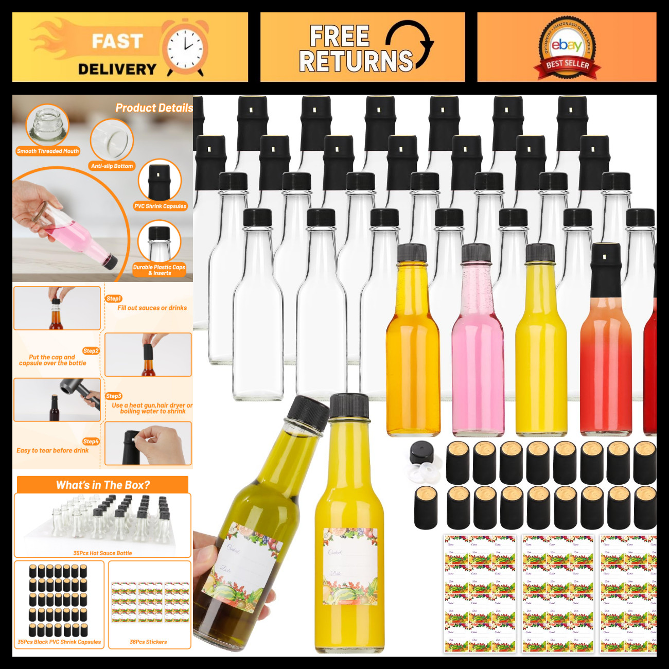 35 Pack 5oz Glass Hot Sauce Bottles with Lids, Inserts & Shrink Caps - Perfect f