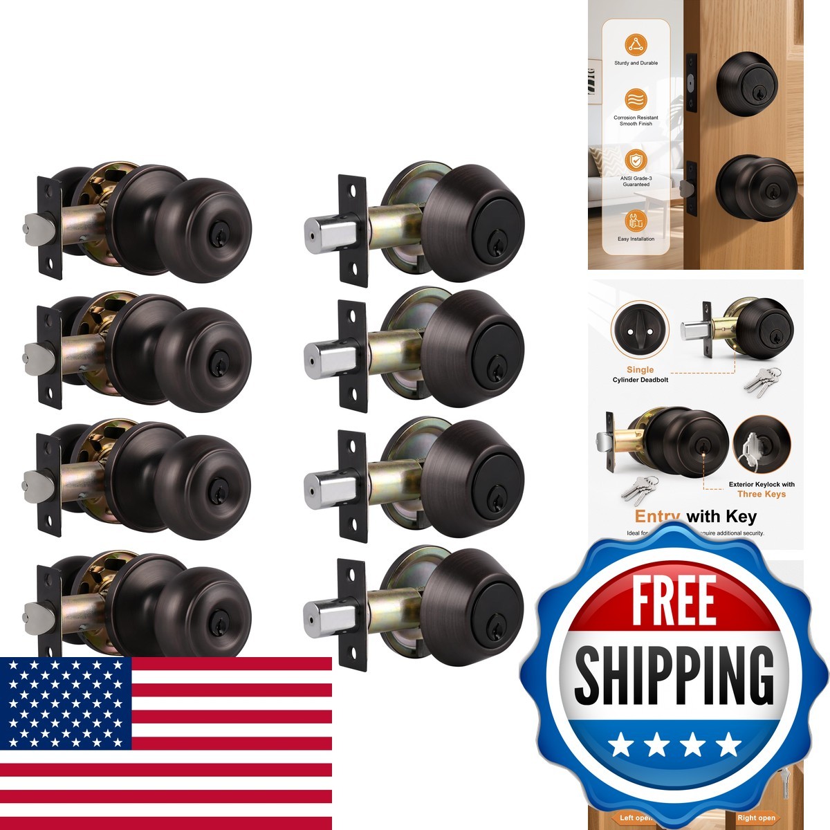 Probrico 4Pack Oil Rubbed Bronze Door Knob & Deadbolt Lock Set Keyed Alike Probrico 4Pack Oil Rubbed Bronze Door Knob & Deadbolt Lock Set Keyed Alike
