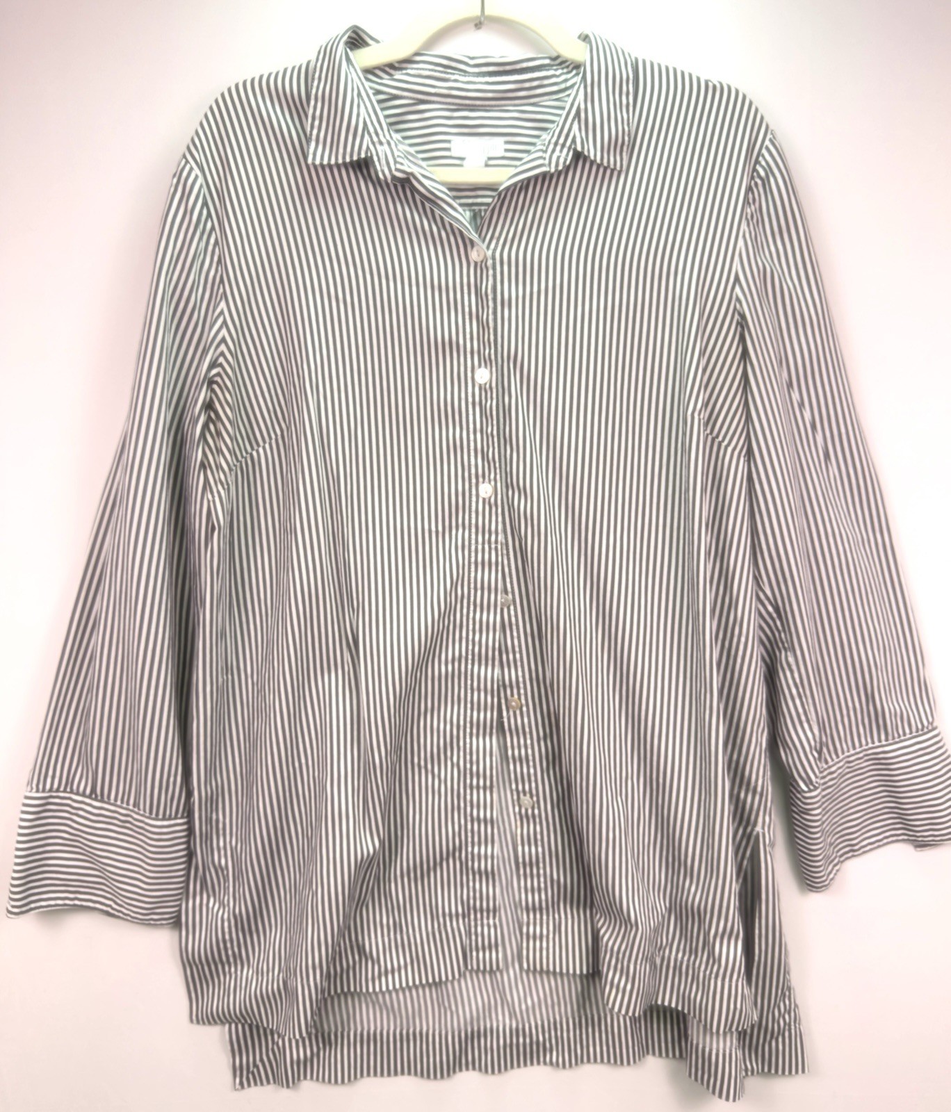 J Jill Women’s Size L Cotton Silk Striped Button Up Popover Long Sleeve B & W