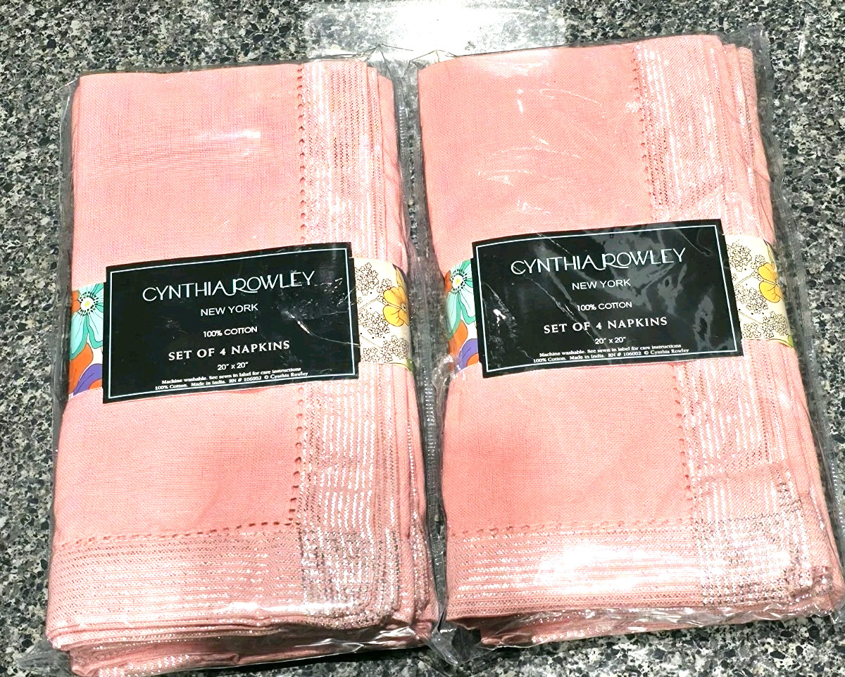 Cynthia Rowley New York Pink Napkins Set of 8 20x20 Cotton Silver Metallic...