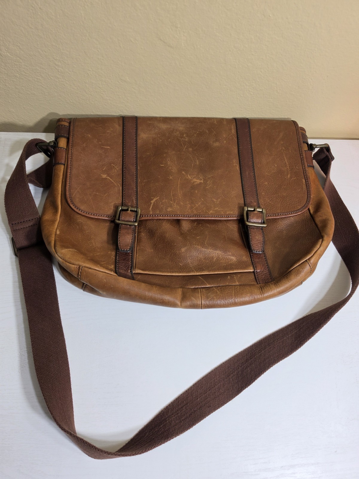Vintage Fossil Brown Genuine Leather & Canvas Messenger Bag Crossbody Satchel