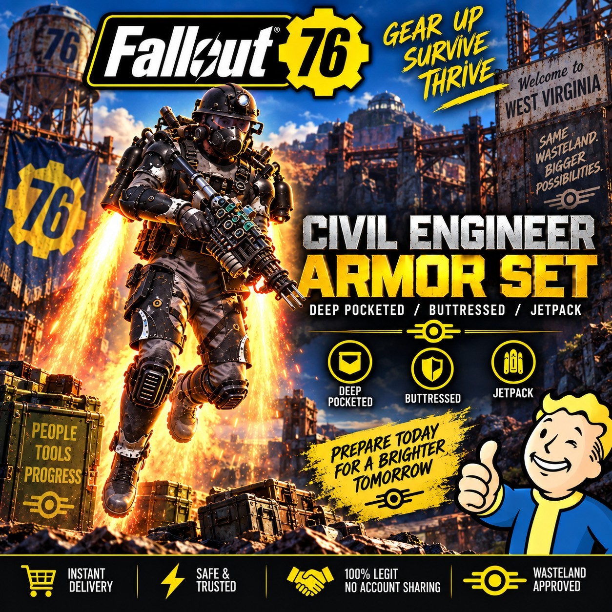 ***FALLOUT 76 [PC] CIVIL ENGINEER ARMOR DEEP POCKETED / BUTTRESSED / JETPACK***