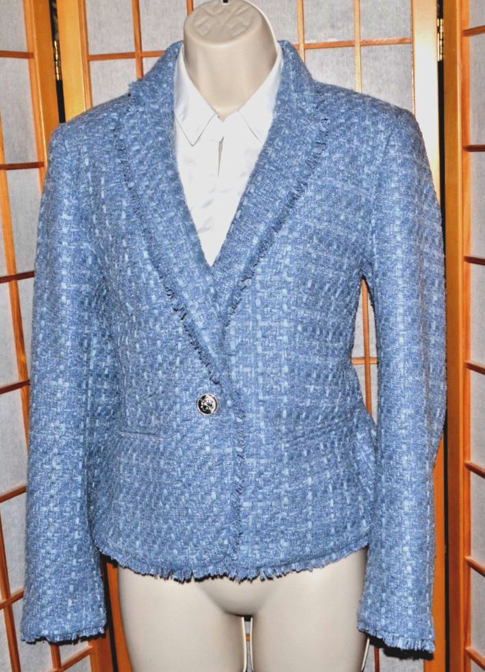 NWT ANN TAYLOR Petites $170 Blue Tweed Fringe Jacket Blazer Sz. 8p
