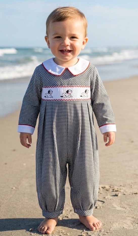 Carriage Boutiques Gingham Smocked Dalmation Dog Romper Outfit Size 9 Months 9m