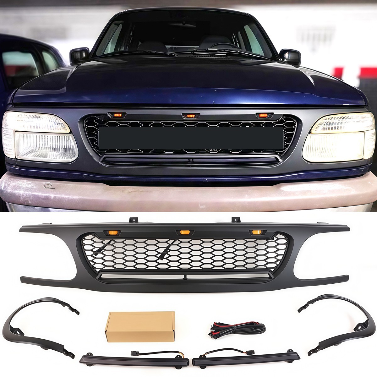 Black Front Grille Fits For Ford Explorer 1995-2001 Upper Grill W/LED &Light Bar Black Front Grille Fits For Ford Explorer 1995-2001 Upper Grill W/LED &Light Bar