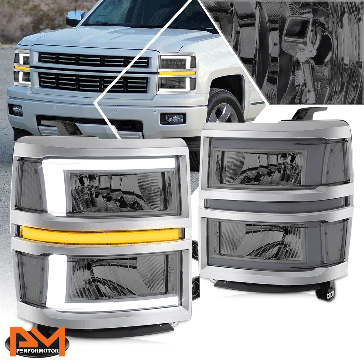 For 14-15 Silverado 1500 L-Shape LED DRL Sequential Turn Headlights Smoked/Clear