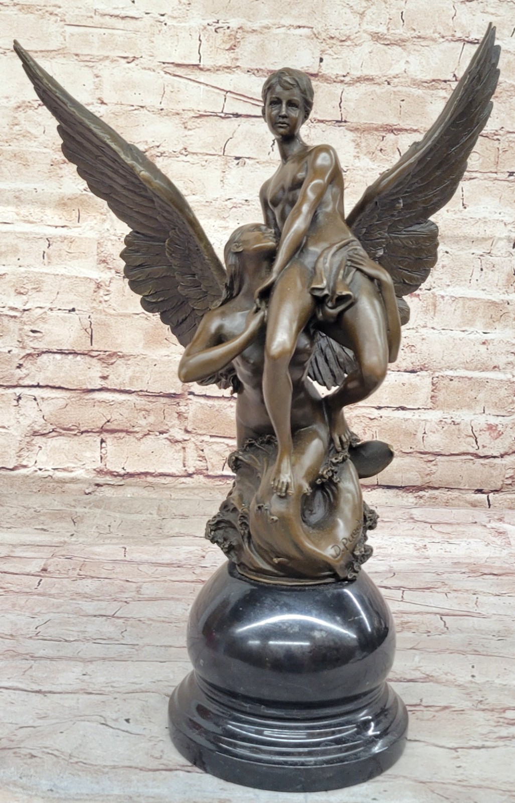 Nude Mermaid with Angel Bronze Masterpiece Sculpture Marble Base Figurine