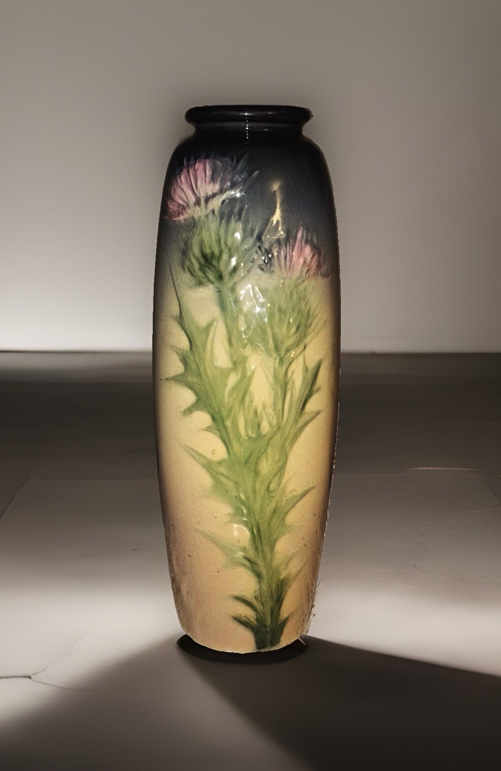 Weller Pottery 10” Vase Etna Grey and Rose Colored Floral