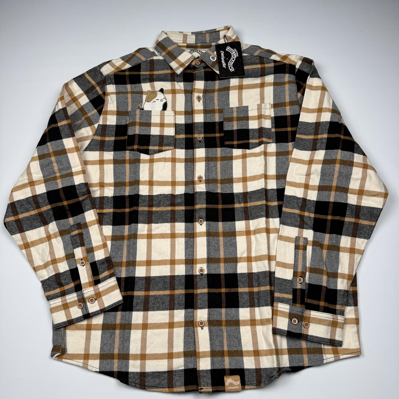 Squishmallows X Cakeworthy Shirt Mens 2XL Brown Plaid Flannel Button Up Cat