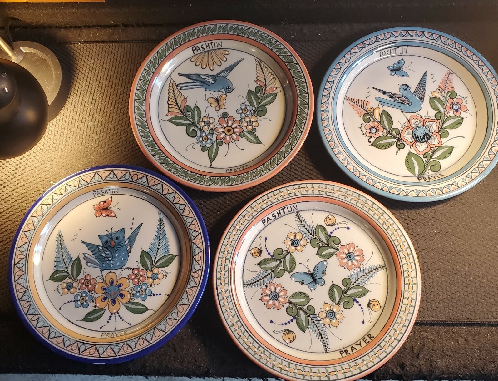 Tonala Mexican Pottery Magreb Plate Set Of 4 Pashtun Prayer Butterfly Owl Bird