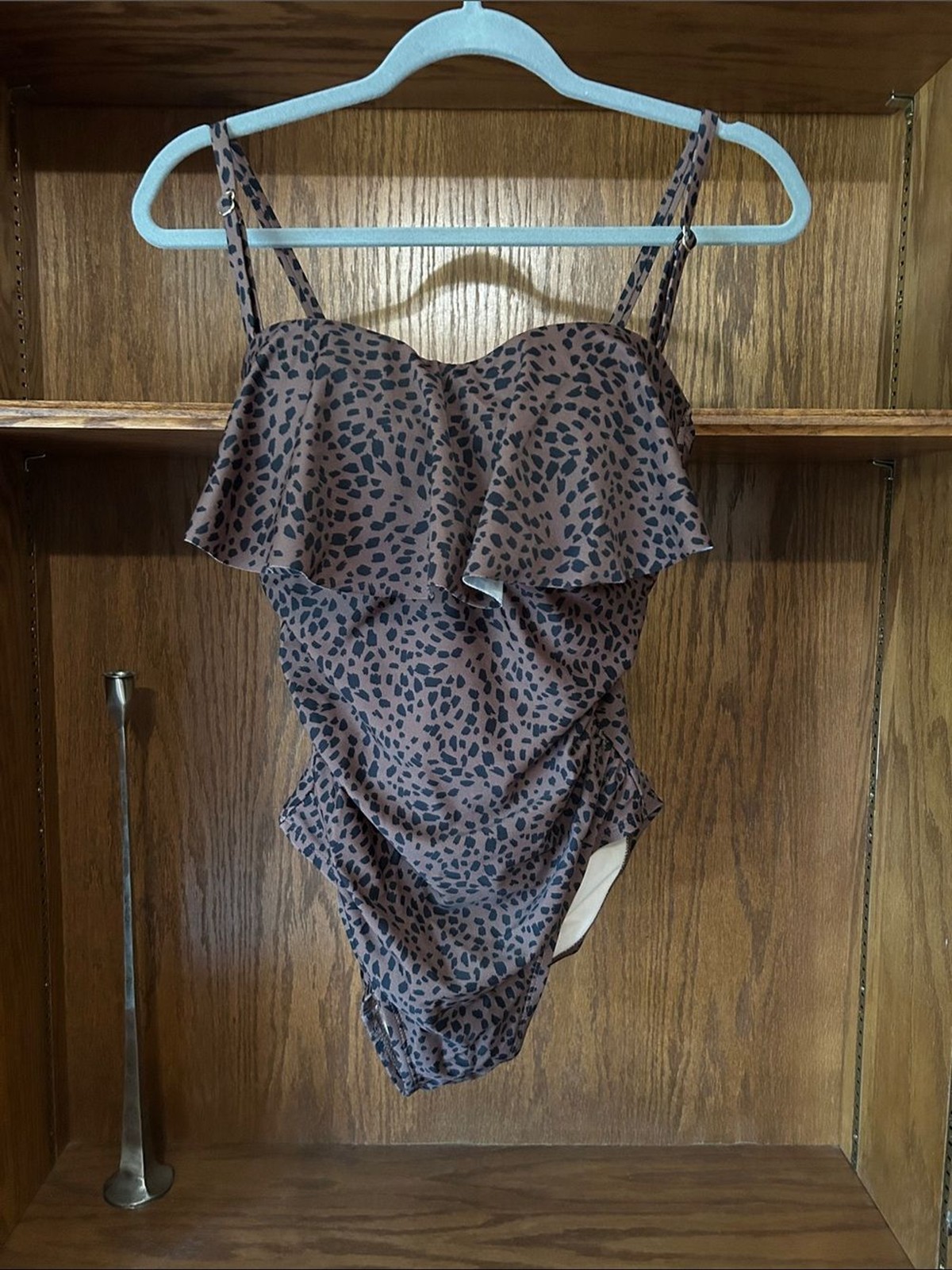 Kona Sol Brown and Black Leopard-Print Ruffle One-Piece