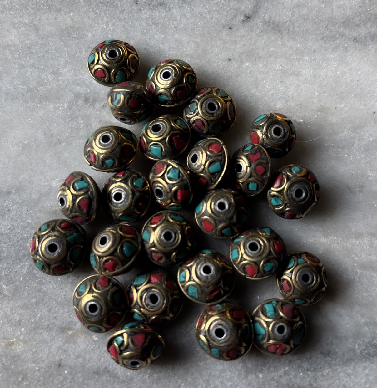 5pcs Tibetan Brass Coral Turquoise Beads 10x8mm CC64