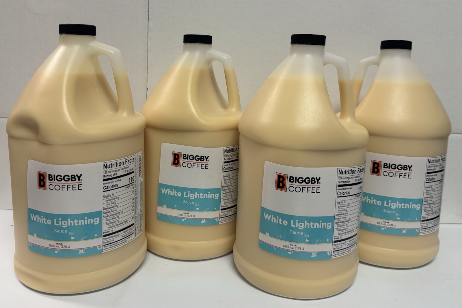 BIGGBY COFFEE WHITE LIGHTNING CHOCOLATE SAUCE THICK SYRUP 4 PACK FRESH NEW