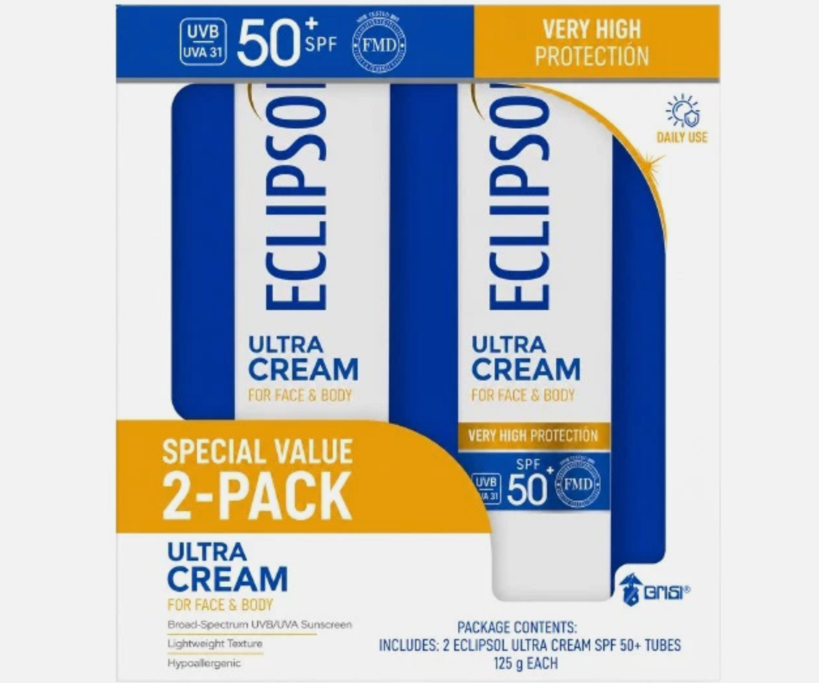 Eclipsol Ultra Sunscreen SPF 50+ Cream 2PACK, Face & Body, Water-Resistant 125g