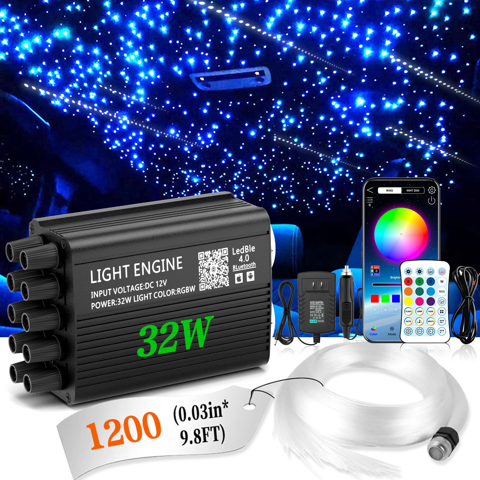 1200pcs 3M Starlight Headliner Kit, 36W Dual Twinkle Meteor Shooting Star Light