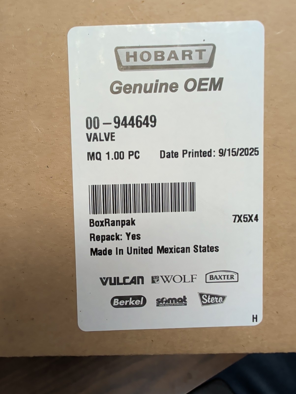 Hobart Gas Valve Part Number 00-944649 New OEM