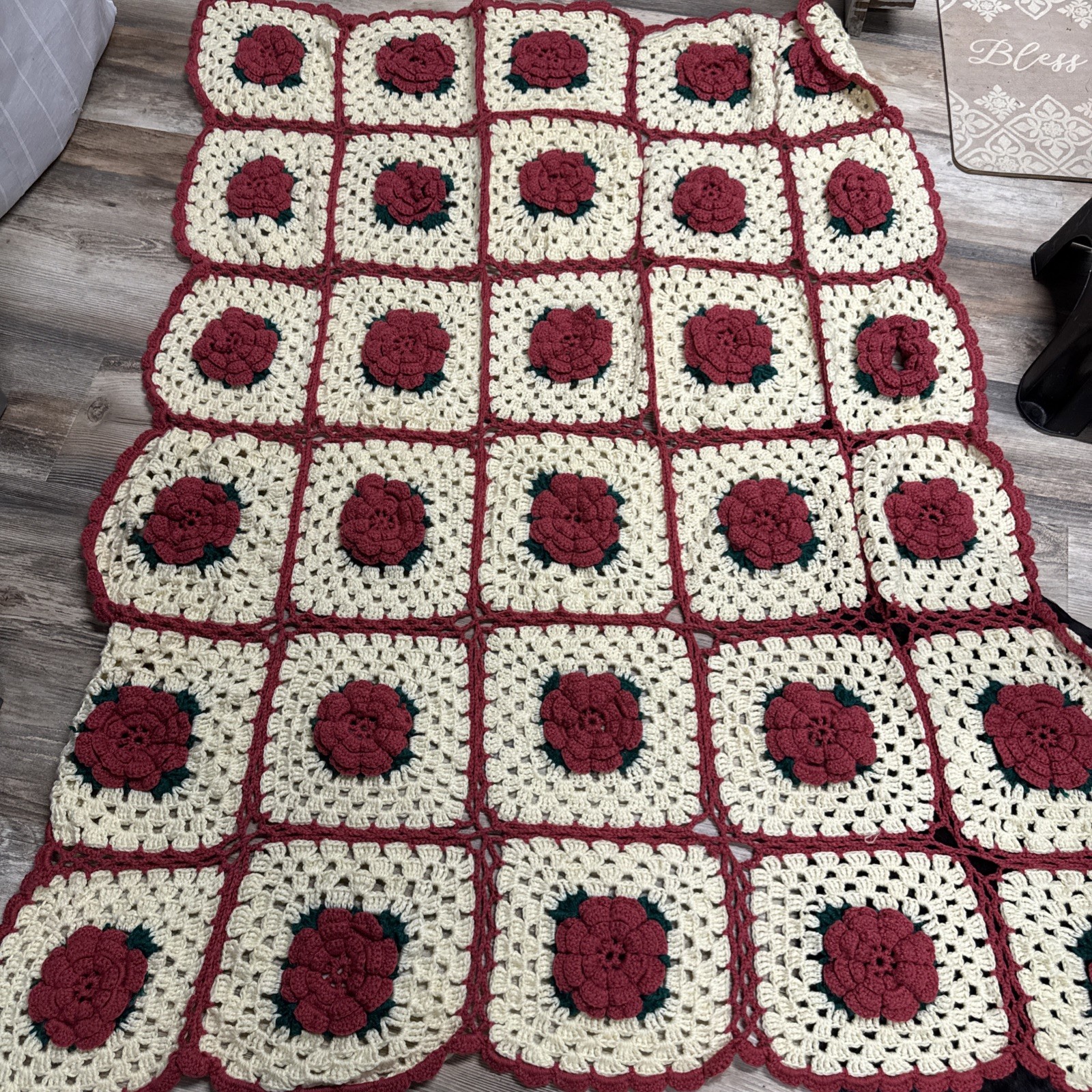 Vintage Handmade Crochet Knit 3D Rose Throw Blanket Granny Square 65”x 60” Vintage Handmade Crochet Knit 3D Rose Throw Blanket Granny Square 65”x 60”