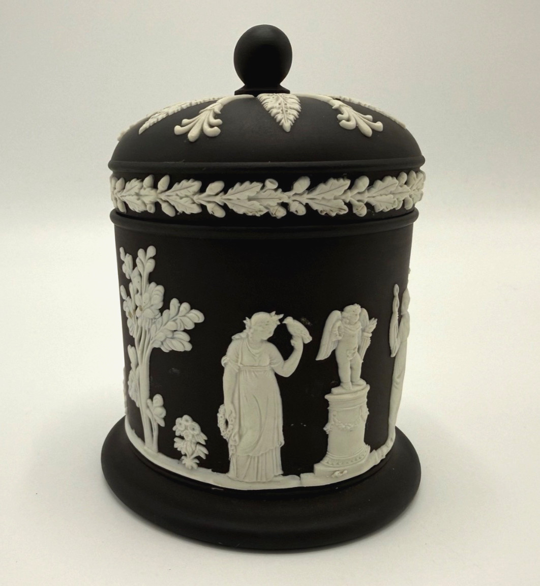 Vintage Wedgwood Jasperware Black Lidded Cigarette Jar, Basalt Tobacco England B