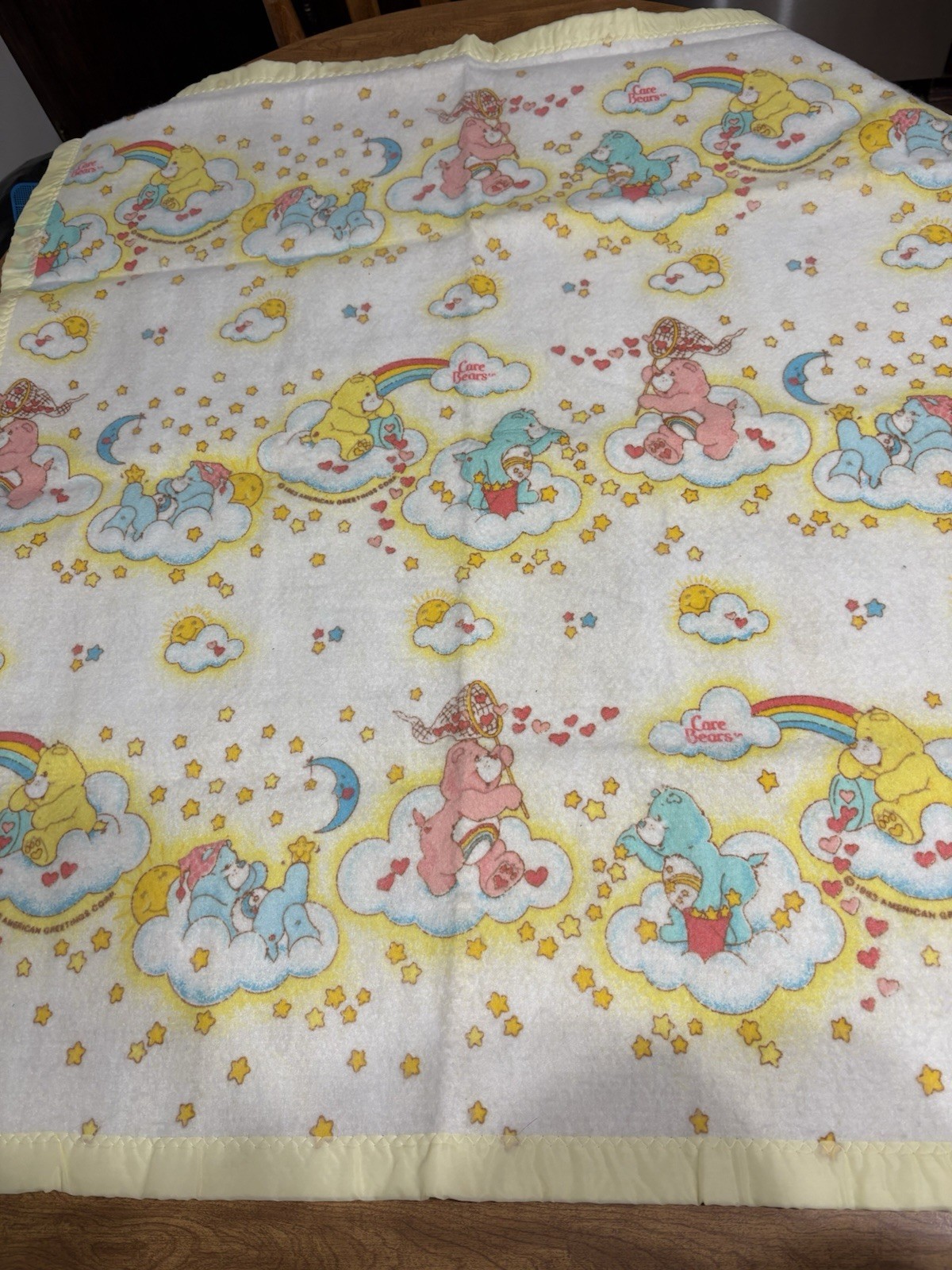 Vintage 1983 Care Bear Fleece Baby Blanket Yellow Rainbow Clouds 39.5inx43.5in