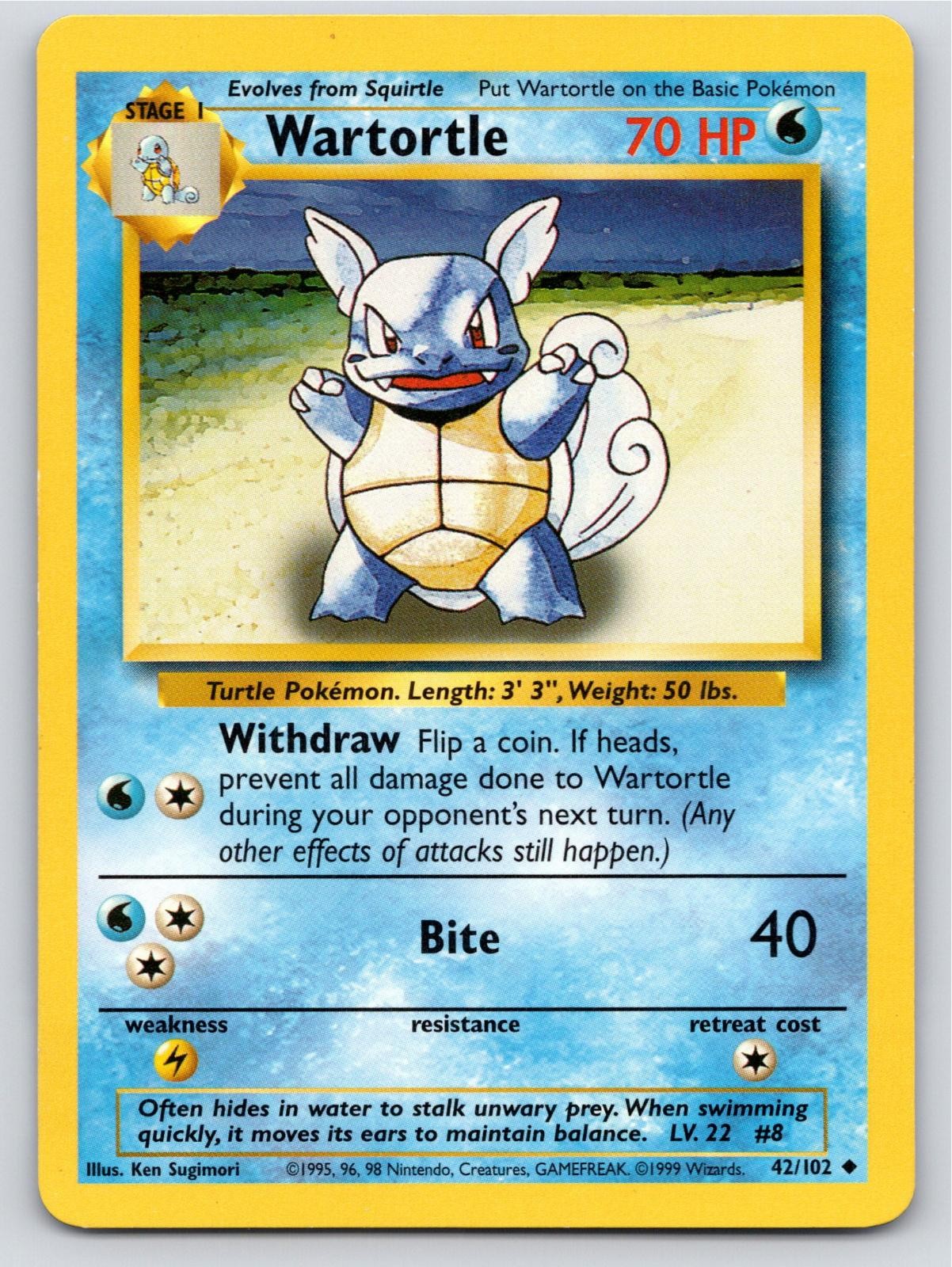 1999 POKEMON BASE SET UNLIMITED WARTORTLE 42/102 UC NM A97889 FREE S&H