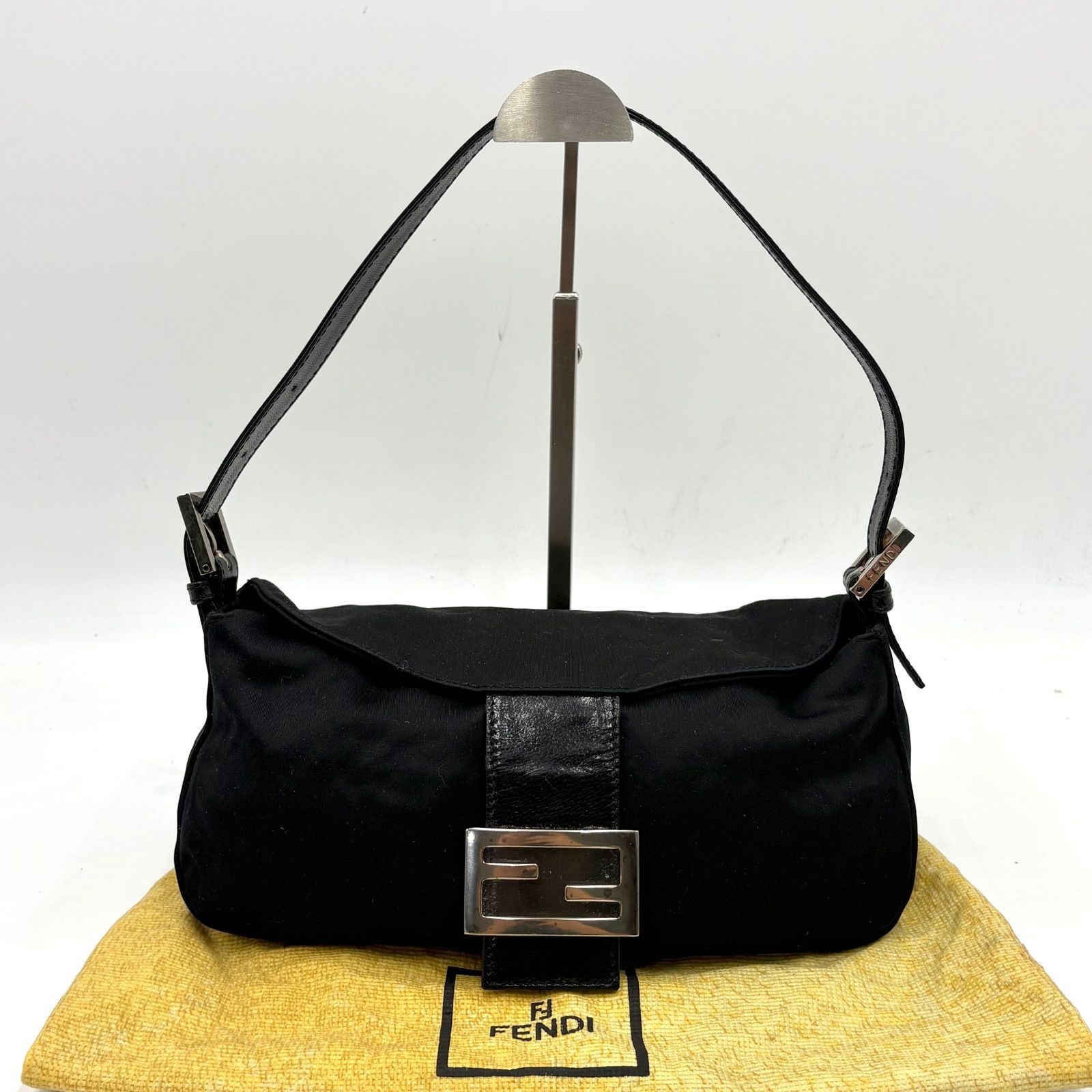 Auth FENDI Cotton Jersey Mamma Bucket Shoulder Bag, Black 3Y97