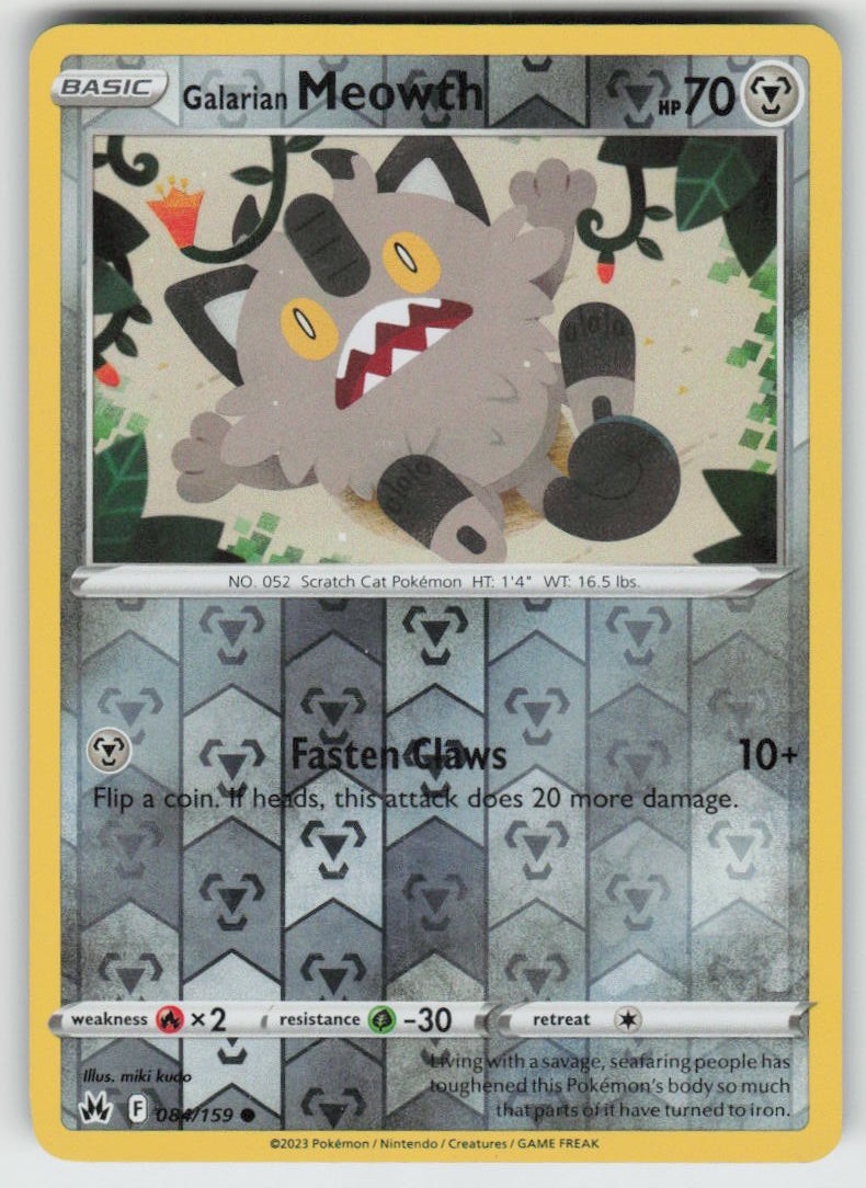 PO-01 Reverse Holo Galarian Meowth 084/159 Common Crown Zenith