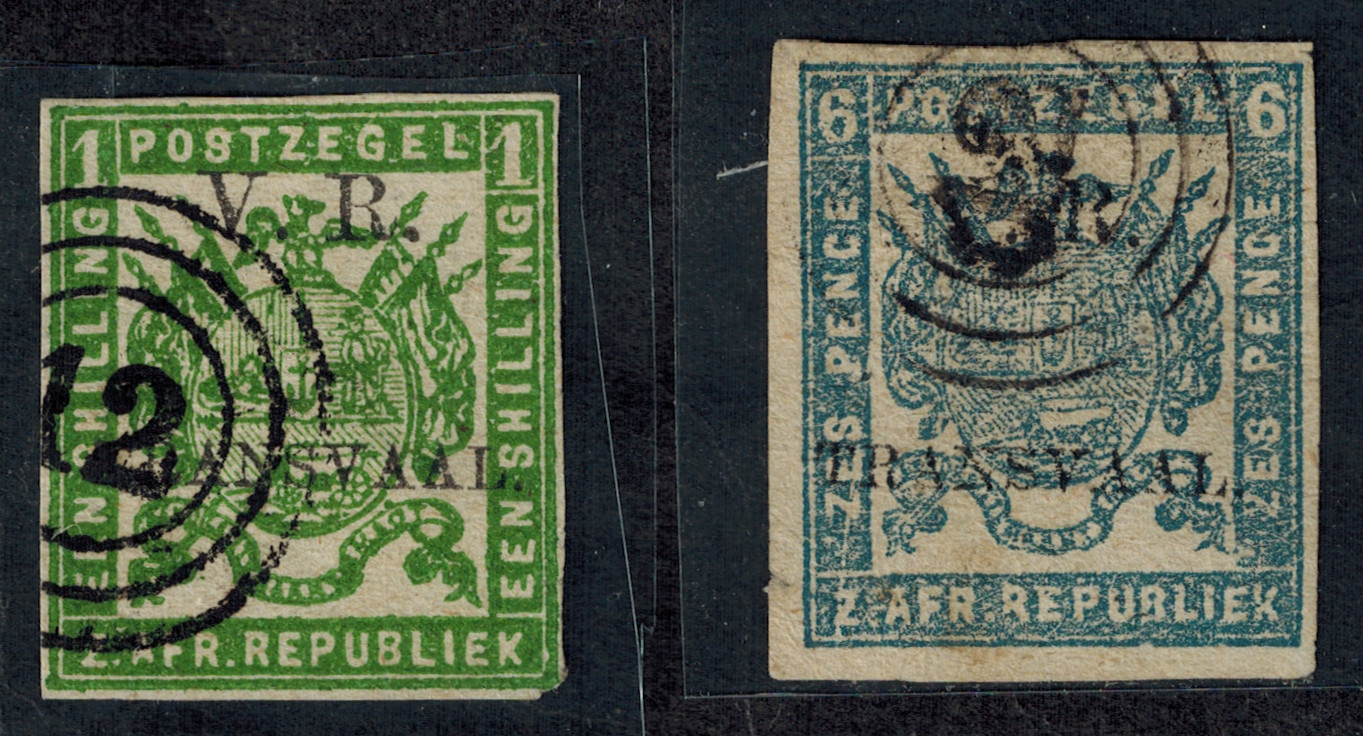 TRANSVAAL 1870 SG 2-3 6d Pale Ultramarine & 1S Deep Green IMPERF USED GEM