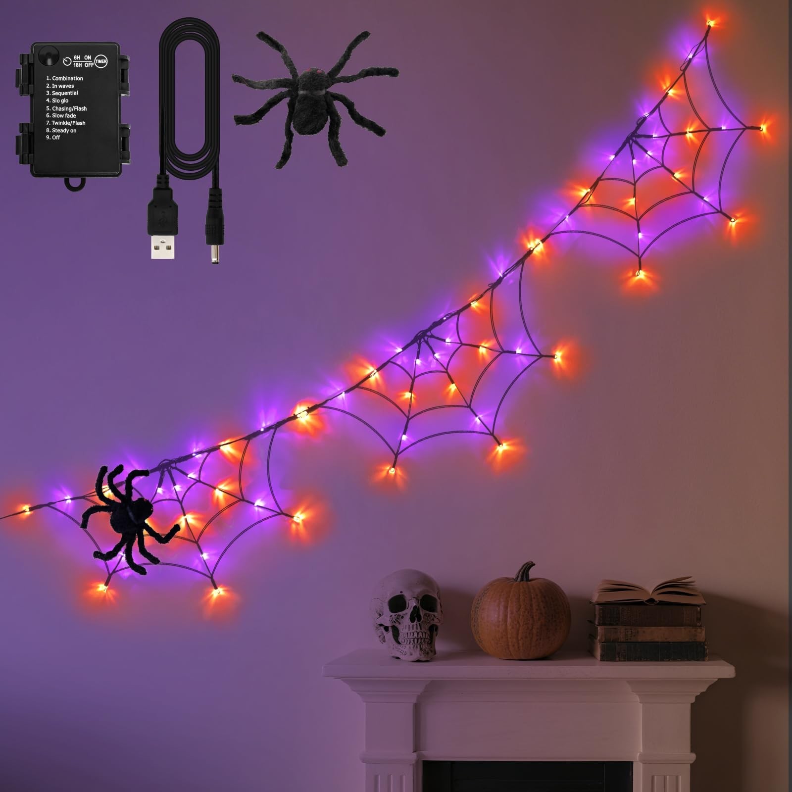 FFZZKJ Halloween Decorations Spider Web Lights 6FT 60LED 6FT, Orange&Purple