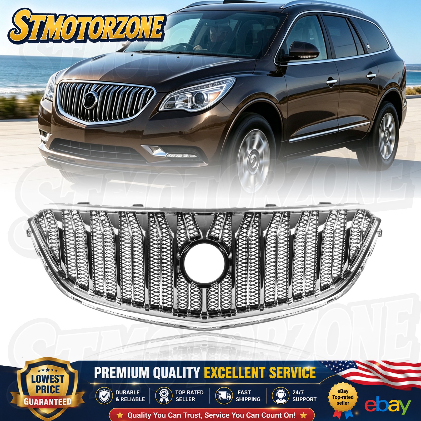 Front Upper Grille Grill Assembly Chrome & Black For 2013-2017 Buick Enclave