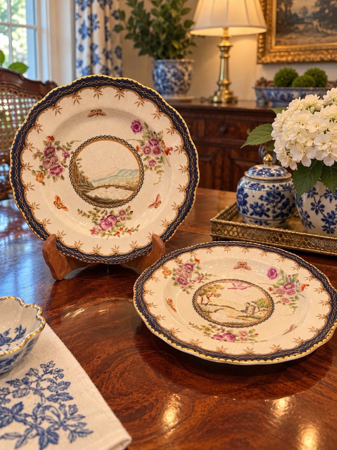 Vintage Hua Rong Tang Zhi Chinese Porcelain Landscape Plates Pair 9.75”