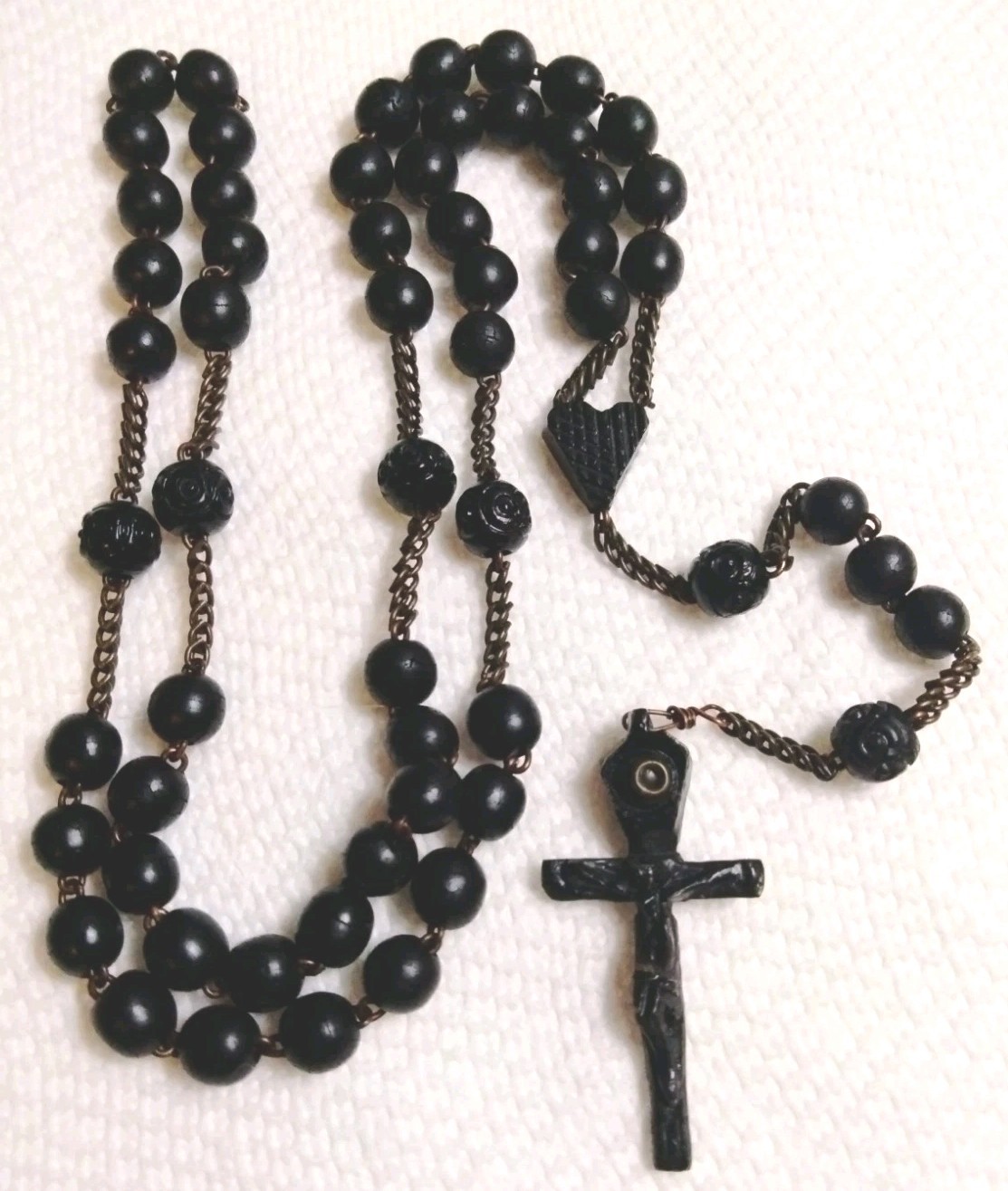 Antique 1870's Blessed France Rosary Carved Ebony Stanhope Cross & Beads UNIQUE 