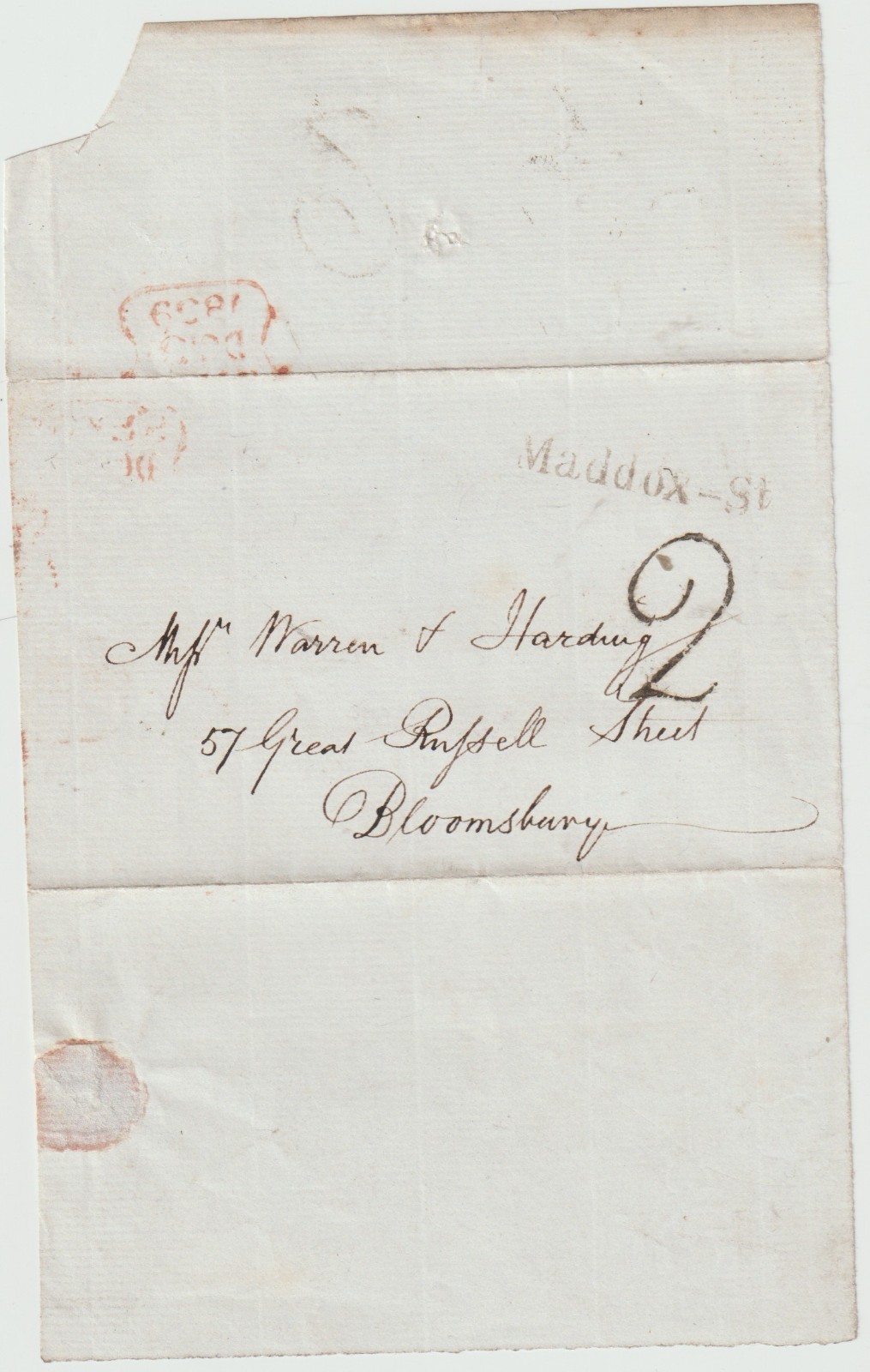 1839 DEC 13? LONDON WRAPPER MADDOX-ST PMK & H/S 2 TO BLOOMSBURY - 2d IN 4d POST 1839 DEC 13? LONDON WRAPPER MADDOX-ST PMK & H/S 2 TO BLOOMSBURY - 2d IN 4d POST