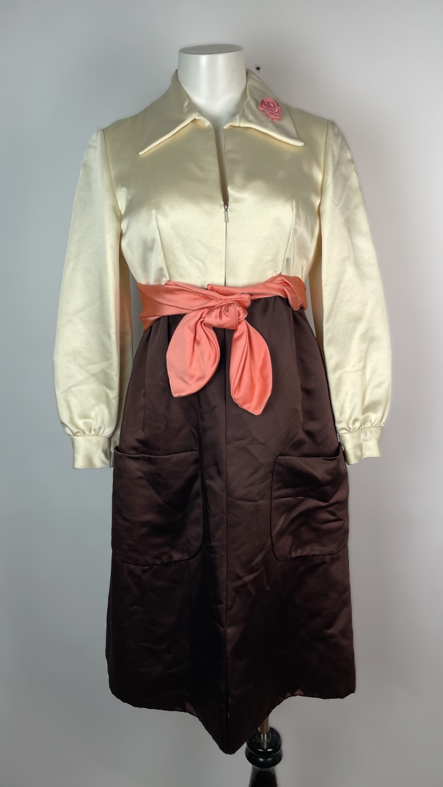 VTG 50s Satin I. MAGNIN Ivory Brown Dress W/Bow and Removeable Brooch 10 USA