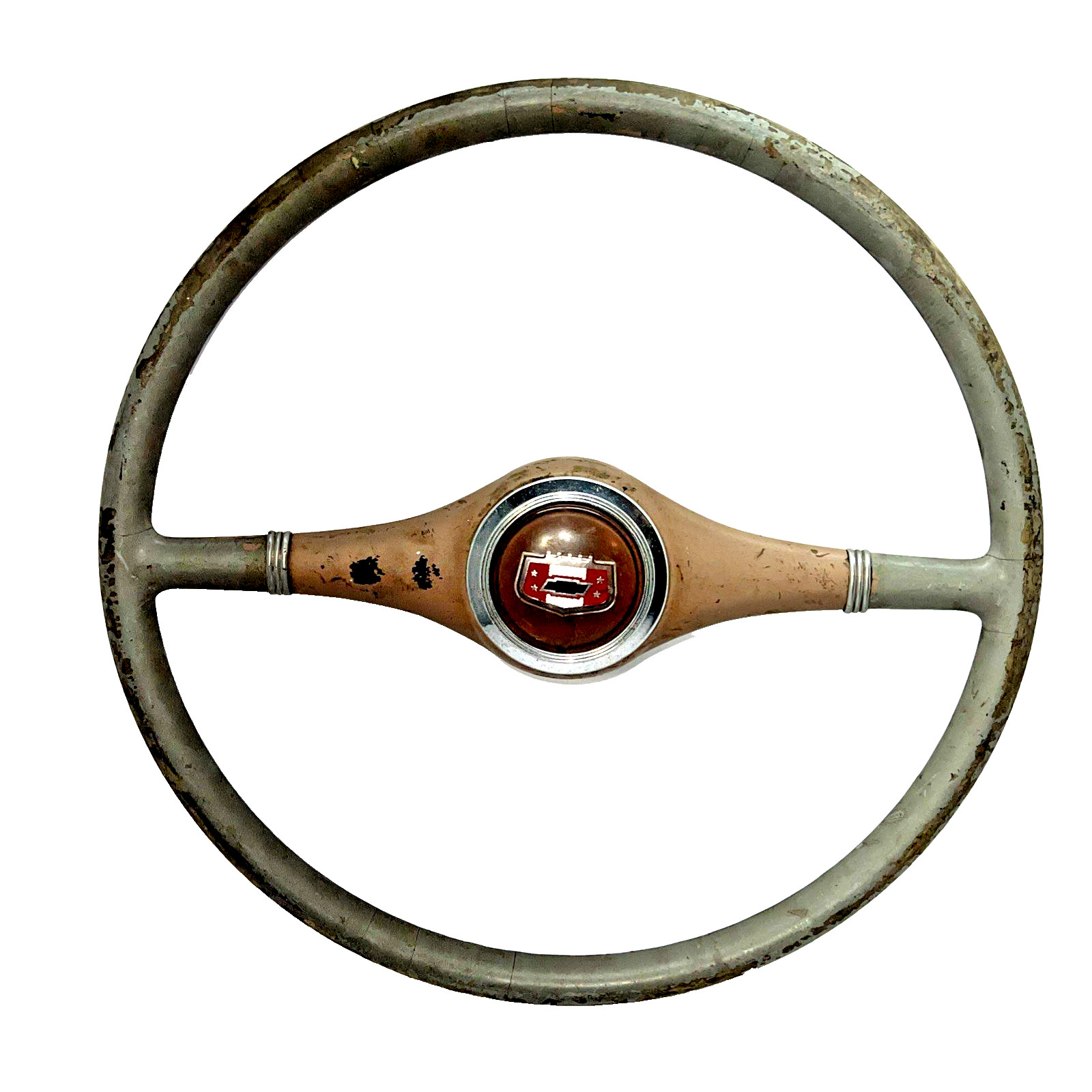 1940’s Vintage Chevy Steering Wheel w/ horn emblem button UNRESTORED PART 1940’s Vintage Chevy Steering Wheel w/ horn emblem button UNRESTORED PART