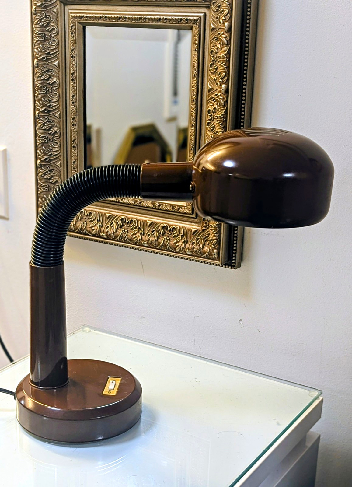 Vintage 1970s Chocolate Metal Desk Lamp Flexible Gooseneck Dome Shade