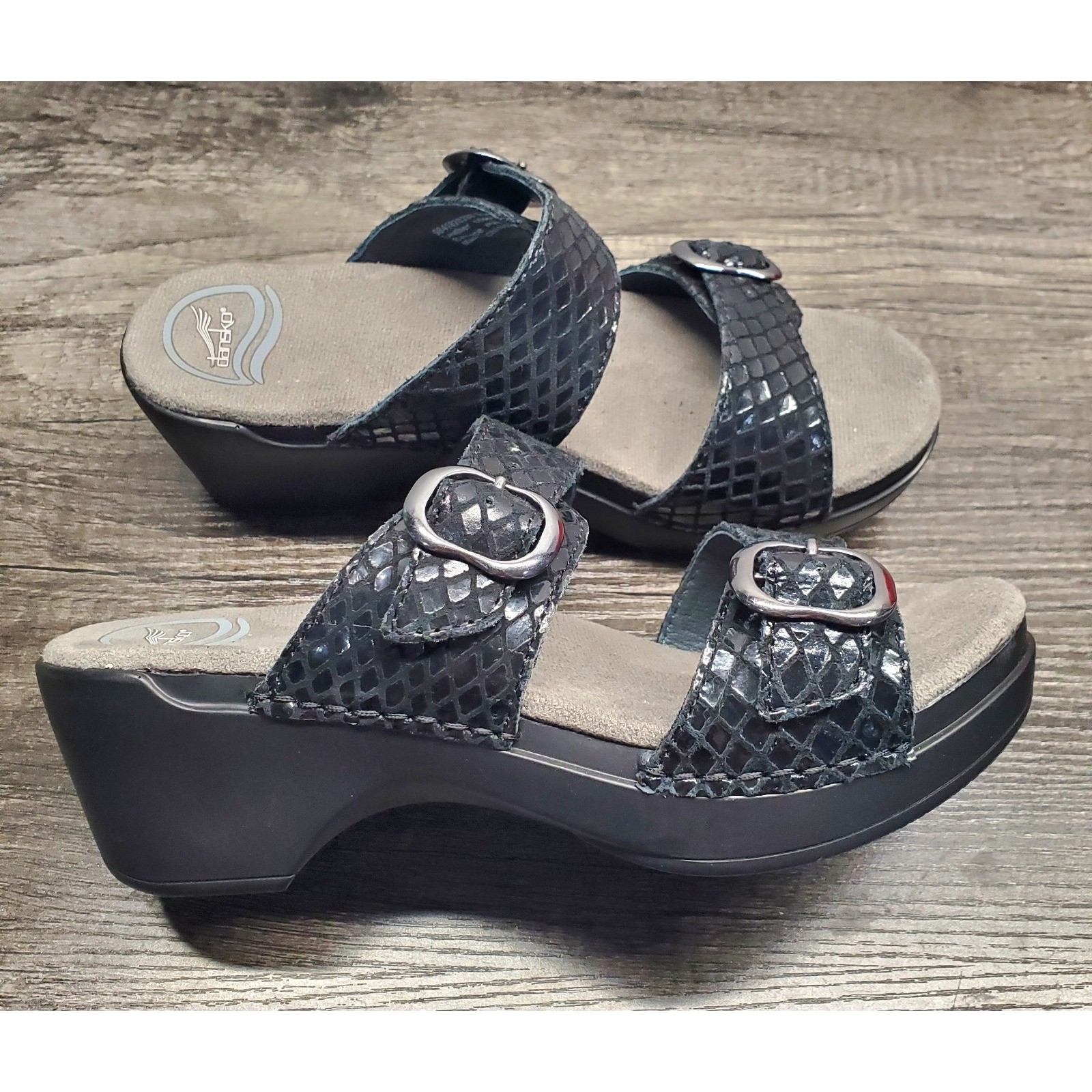 DANSKO Sophie Sandals Womens 37 Black Metallic Leather Comfort Shoes NEW