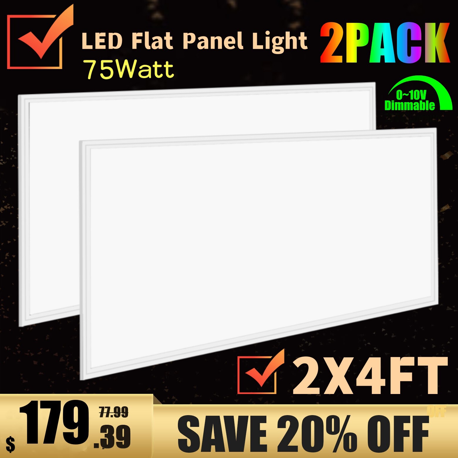 2X4FT LED Flat Panel Light 8400LM 75W 5000K Dimmable Drop Ceiling Office Lights