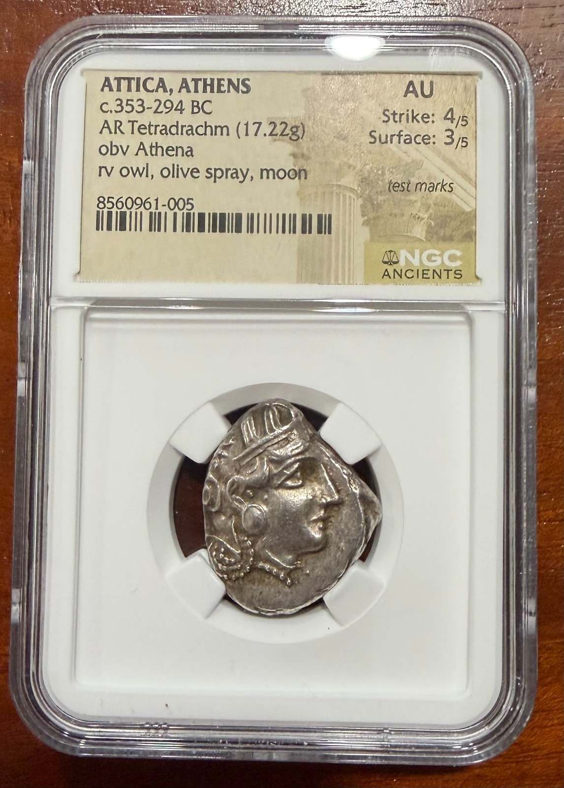 Attica Athens 353-294 BC Owl AR Tetradrachm - NGC AU Silver Athena Greek Coin