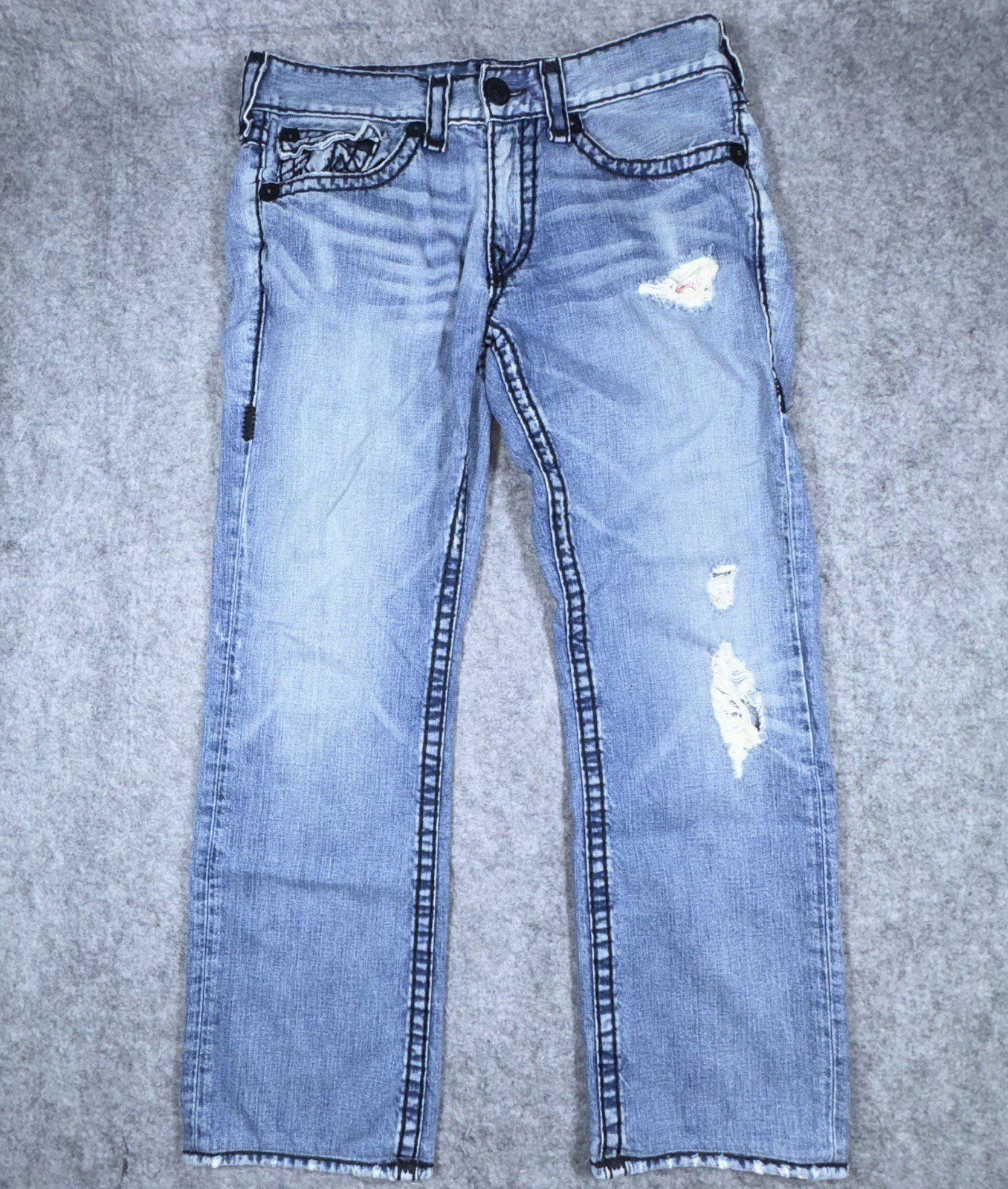 True Religion Ricky Super T Jeans 34x30 Made USA Y2K Distressed Light Wash
