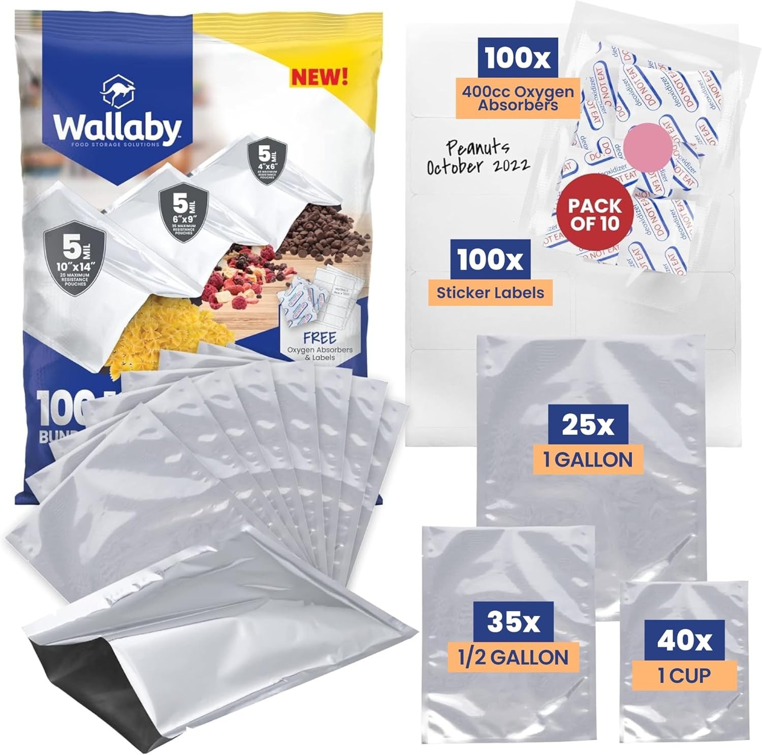 Wallaby 100ct Mylar Bags w/ 400cc Oxygen Absorbers for Long-Term Storage