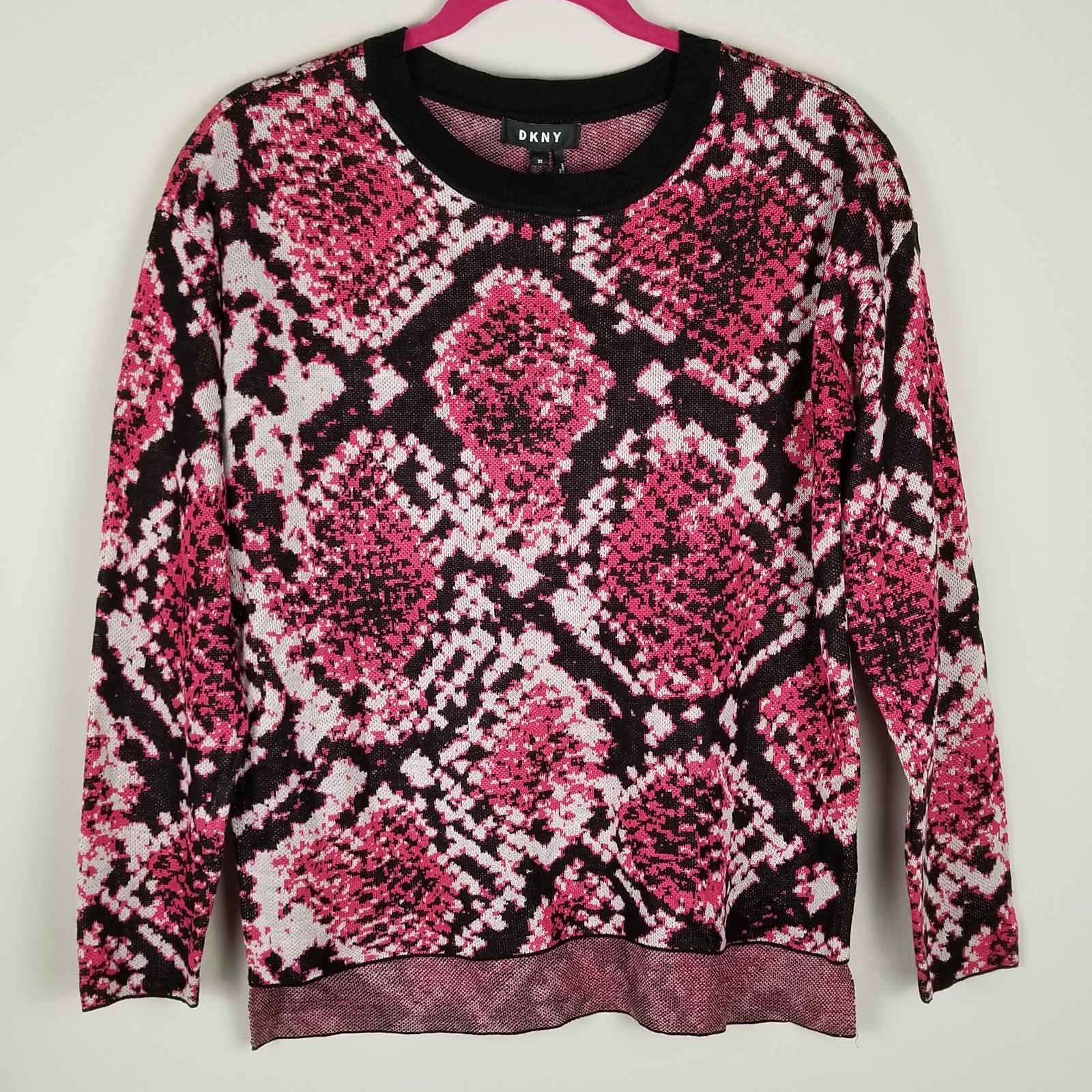 DKNY Womens Snake Print Jacquard Crew Neck Sweater Size XS NWT Pink Black