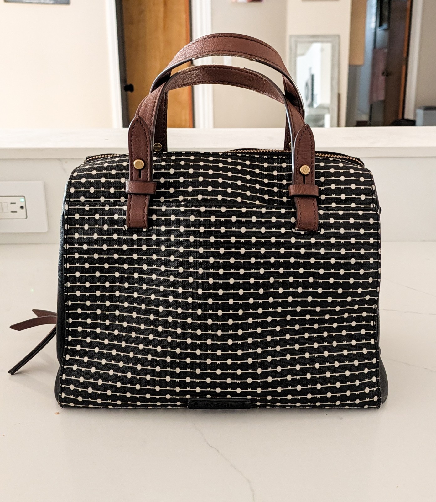 Fossil Rachel Black And White Dot Pattern Satchel Top Handle Bag, Zipper
