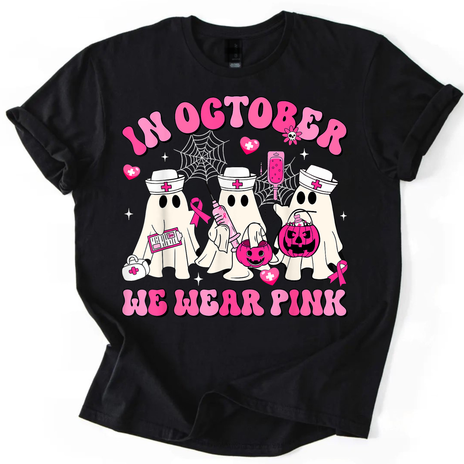 In October We Wear Pink Nurse Ghost Halloween Breast Cancer Awareness Unisex Tee